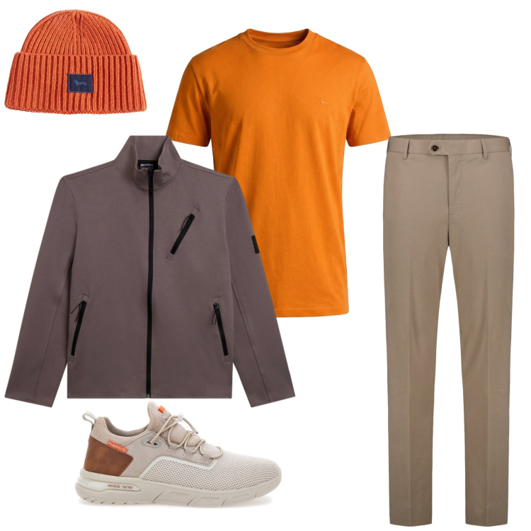 Outfit uomo - Sunset Vibes & Tech Layers. Stile Trendy per Tutti i giorni. Abbinamento con t-shirt, berretti, felpe, sneakers, pantaloni.