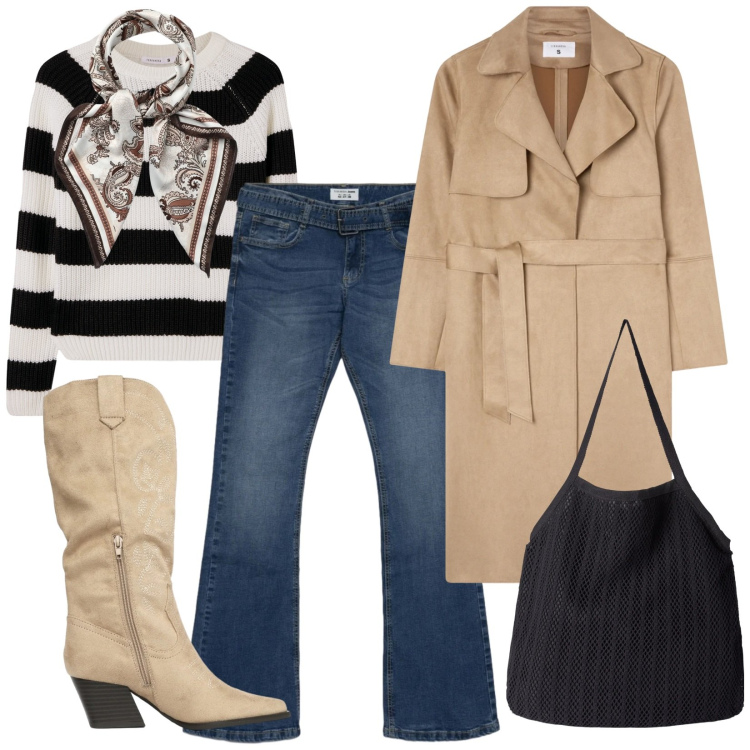 Outfit donna - Primavera a modo mio. Stile Casual per Ufficio. Abbinamento con trench, jeans a zampa, maglieria, shopping bag, foulard, stivali.