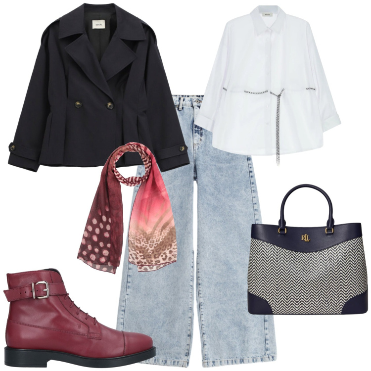 Outfit donna - Trendy ufficio tempo libero. Stile Trendy per Tutti i giorni. Abbinamento con stivaletti, sciarpe, jeans, blazer, camicie, borse a mano.