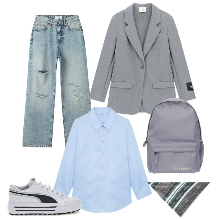 Outfit donna - Azzurro cielo. Stile Preppy per Scuola/Università. Abbinamento con camicie, foulard, zaini, jeans strappati, blazer, sneakers.