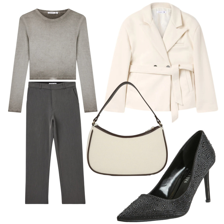 Outfit donna - Minimal ed elegante. Stile Casual chic per Tutti i giorni. Abbinamento con blazer, décolleté, borse a tracolla, t-shirt, pantaloni chino.