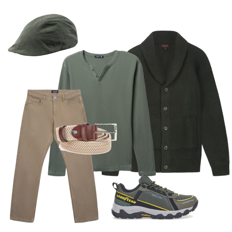 Outfit uomo - Serata tra amici. Stile Casual per Tutti i giorni. Abbinamento con jeans, t-shirt, cappelli con visiera, cardigans, cinture, stivali e stivaletti.