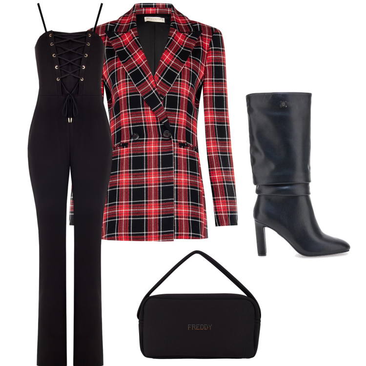 Outfit donna - Blazer Tartan & Rock Chic ️. Stile Glamour per Serata fuori. Abbinamento con borse a mano, blazer, tute, stivali.