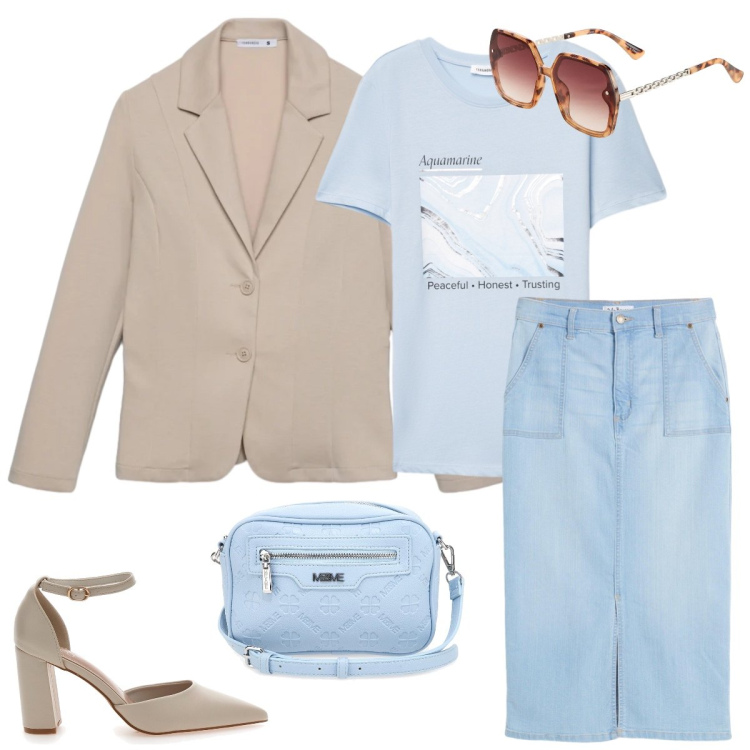 Outfit donna - Total look #2351779. Stile Casual chic per Tutti i giorni. Abbinamento con gonne, occhiali da sole, t-shirt, blazer, décolleté, borse a tracolla.