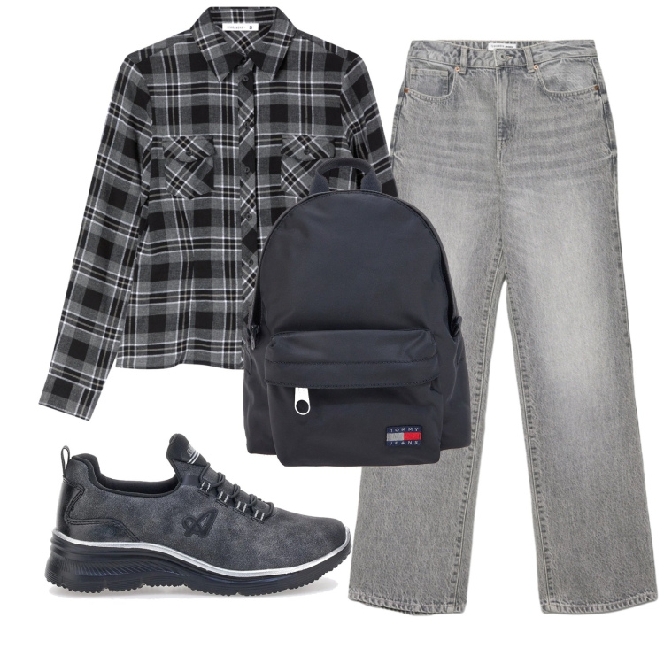 Outfit donna - Total look #2351781. Stile Casual per Tutti i giorni. Abbinamento con jeans dritti, camicie, zaini, sneakers.