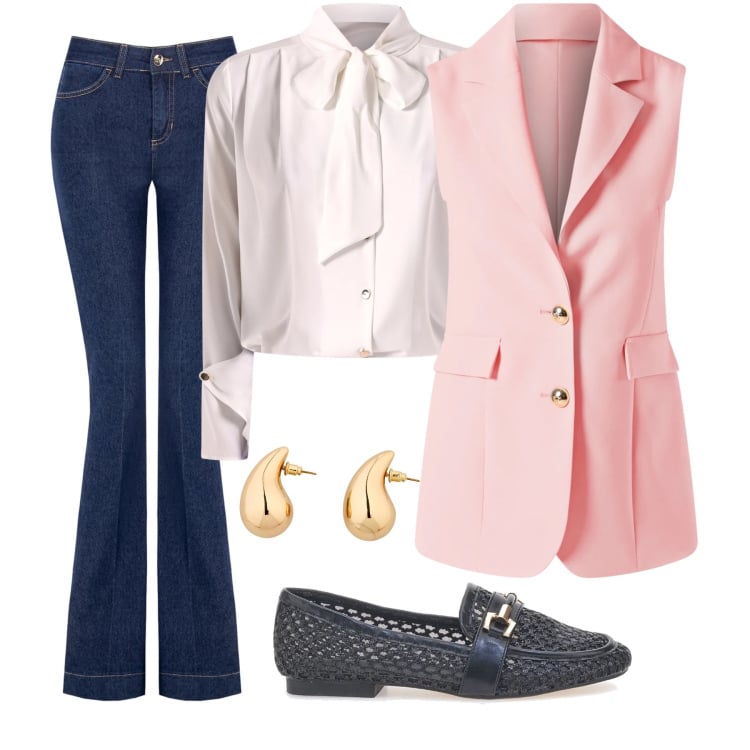 Outfit donna - Eleganza Quotidiana in Rosa. Stile Casual chic per Tutti i giorni. Abbinamento con orecchini, bluse, gilet, jeans a zampa, mocassini.