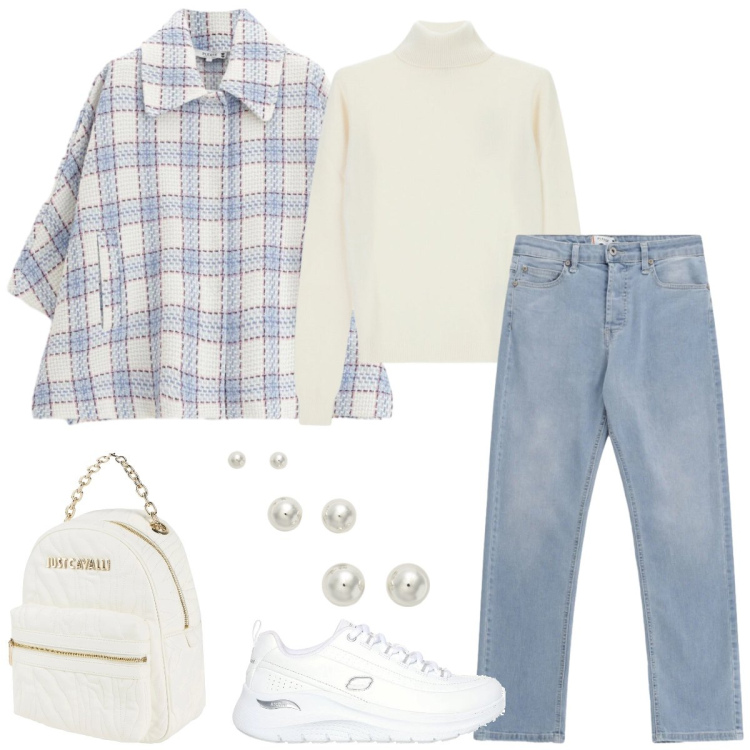 Outfit donna - Total look #2351785. Stile Casual per Tutti i giorni. Abbinamento con zaini, maglieria, cappotti, jeans, orecchini, sneakers.