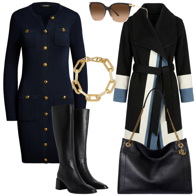 Outfit donna - Total look #2351789. Stile Bon Ton per Serata fuori. Abbinamento con stivali sopra il ginocchio, cappotti, occhiali da sole, borse tote, vestiti, braccialetti.