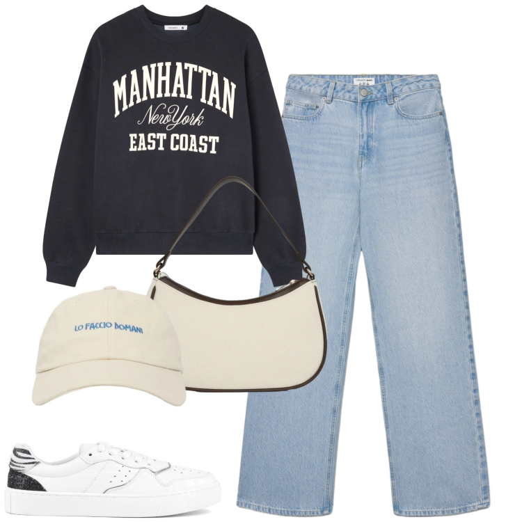 Outfit donna - Marzo. Stile Casual per Tutti i giorni. Abbinamento con felpe, jeans, borse a tracolla, cappelli con visiera, sneakers.