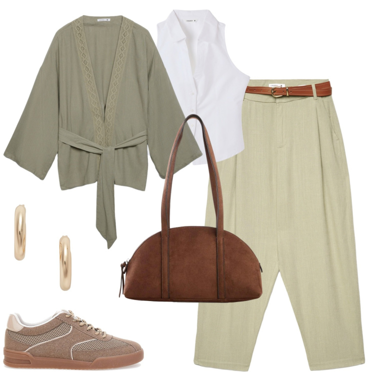 Outfit donna - Marzo. Stile Urban per Tutti i giorni. Abbinamento con borse a tracolla, pantaloni chino, blazer, top, orecchini, sneakers.