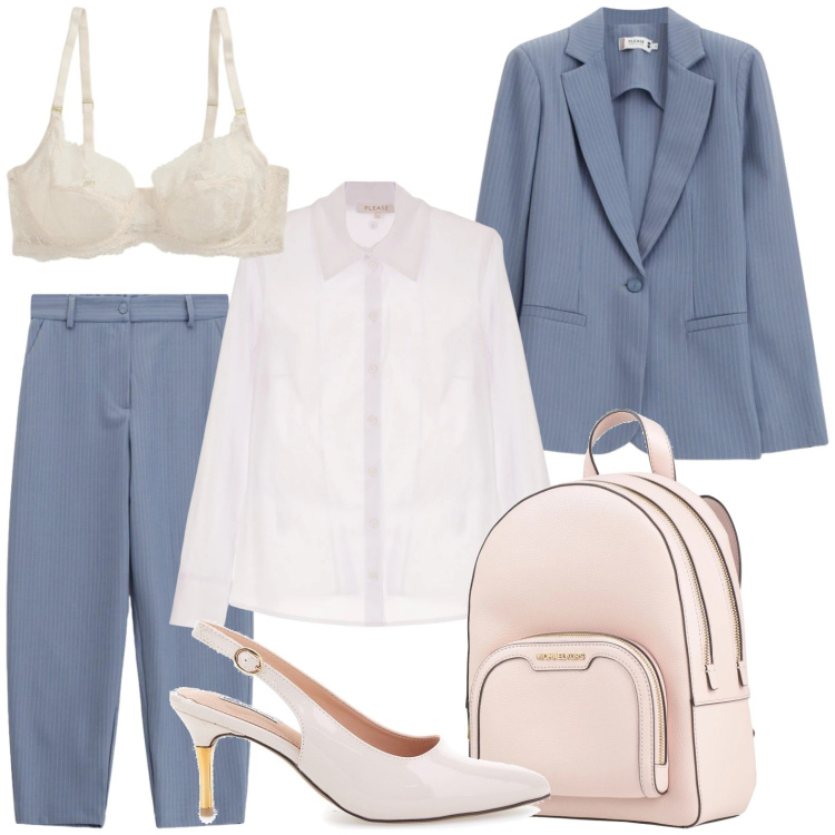 Outfit donna - Bantoa SS26. Stile Casual per Ufficio. Abbinamento con zaini, camicie, blazer, pantaloni, reggiseni, décolleté.