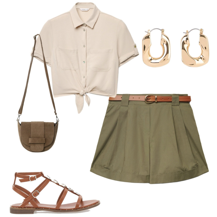 Outfit donna - City. Stile Casual chic per Tutti i giorni. Abbinamento con orecchini, camicie a manica corta, shorts, borse a tracolla, sandali.