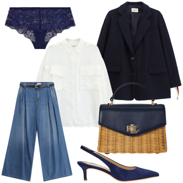 Outfit donna - Bantoa SS26. Stile Casual per Ufficio. Abbinamento con camicie, blazer, jeans, décolleté, culotte, borse a mano.