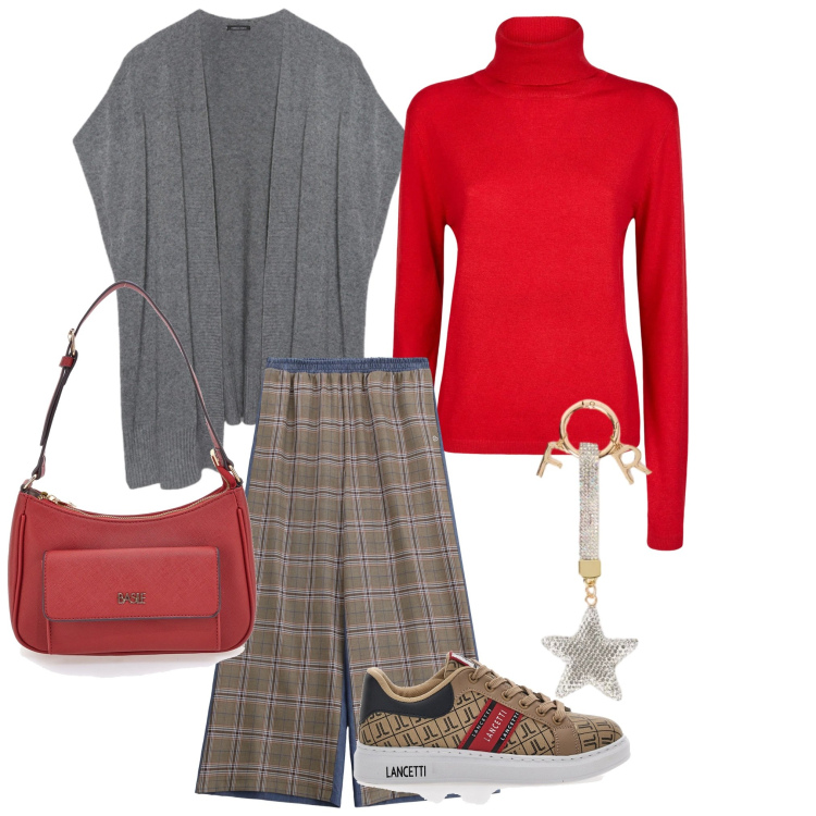 Outfit donna - Total look #2351796. per Scuola/Università. Abbinamento con portachiavi, gilet, pantaloni a palazzo, maglieria, sneakers, borse a spalla.