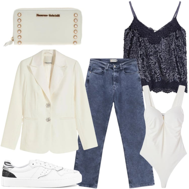 Outfit donna - Portafoglio borchiato. Stile Minimal per Tutti i giorni. Abbinamento con blazer, top, top, jeans dritti, portafogli, sneakers.