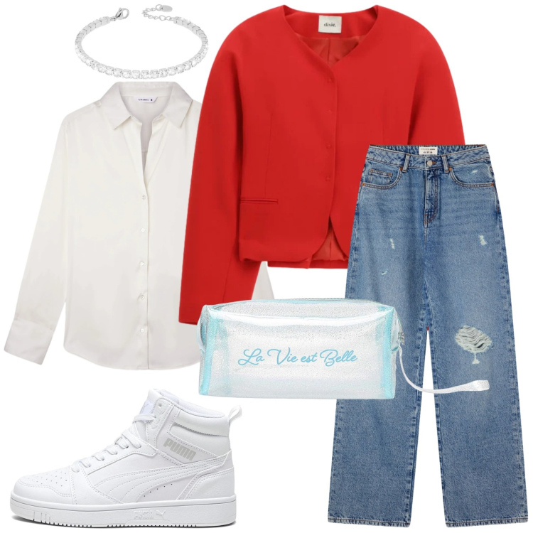 Outfit donna - La vie est belle. Stile Minimal per Tutti i giorni. Abbinamento con camicie, jeans strappati, valigie, blazer, braccialetti, sneakers alte.
