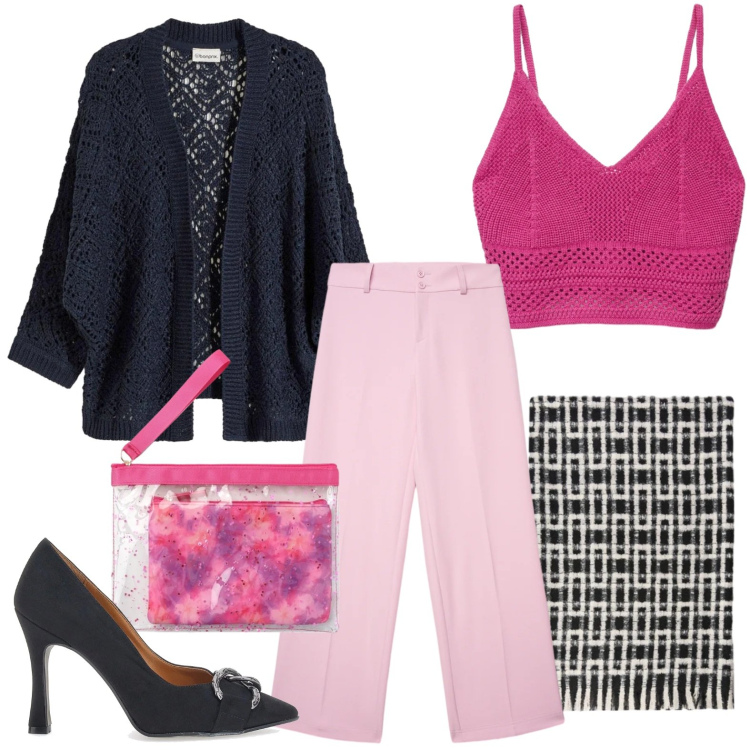 Outfit donna - Il top rosa peonia. Stile Minimal per Tutti i giorni. Abbinamento con cardigans, pantaloni, top, pochette, sciarpe, décolleté.