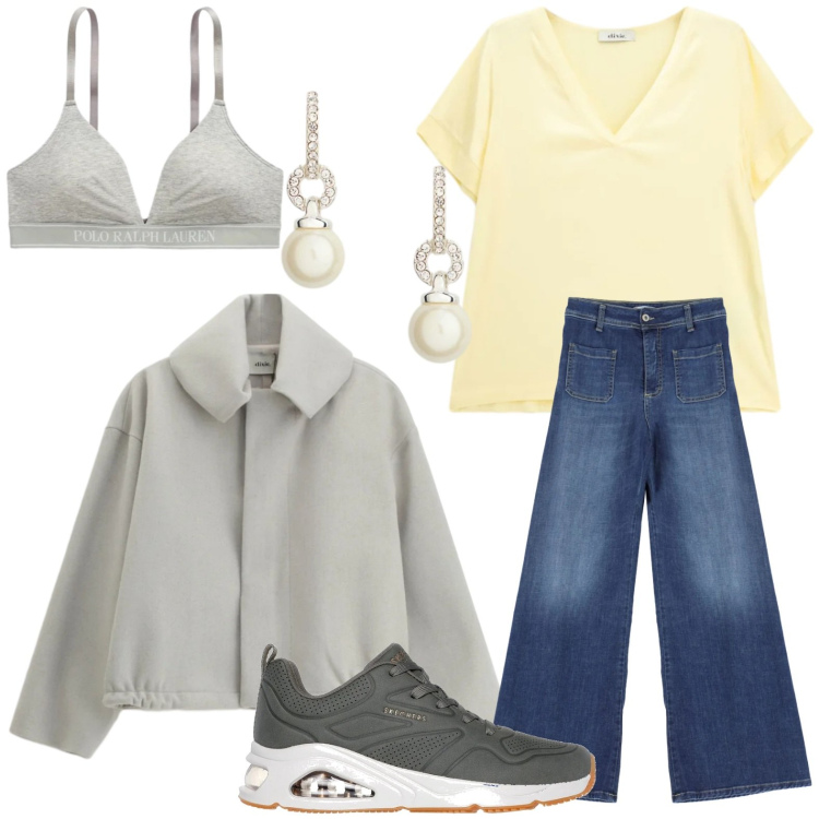 Outfit donna - Colori pastello. Stile Minimal per Tutti i giorni. Abbinamento con t-shirt, giacche, jeans, orecchini, reggiseni, sneakers.