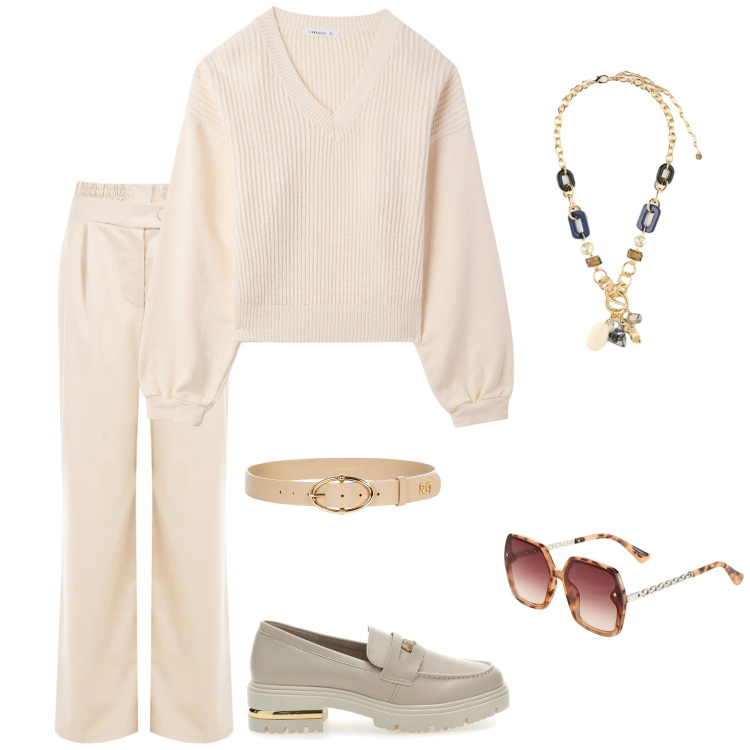 Outfit donna - Sinfonia Neutra: L\'Eleganza del Monocrom. Stile Basic per Tutti i giorni. Abbinamento con occhiali da sole, maglieria, collane, pantaloni a palazzo, cinture, mocassini.