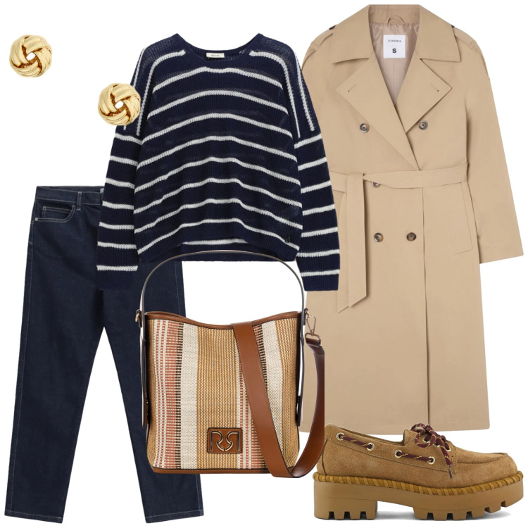 Outfit donna - Righe sbarazzine. Stile Minimal per Tutti i giorni. Abbinamento con trench, maglieria, jeans dritti, borse a secchiello, orecchini, mocassini.