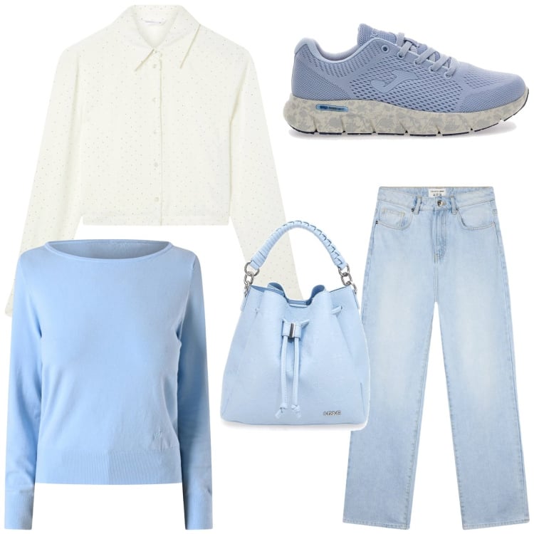 Outfit donna - City life. Stile Romantica per Tutti i giorni. Abbinamento con camicie, jeans dritti, maglieria, sneakers, borse a secchiello.