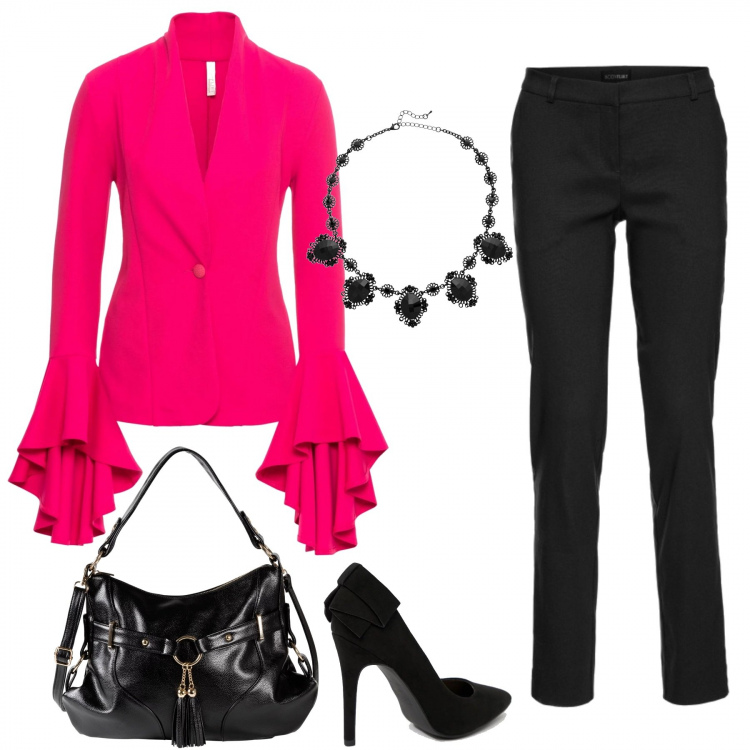 Outfit donna - Una giacca deliziosa: fluò e retrò. Stile Chic per Serata fuori. Abbinamento con pantaloni, blazer, borsa a tracolla effetto metallizzato con nappine nero, collana nero, décolleté con fiocco.