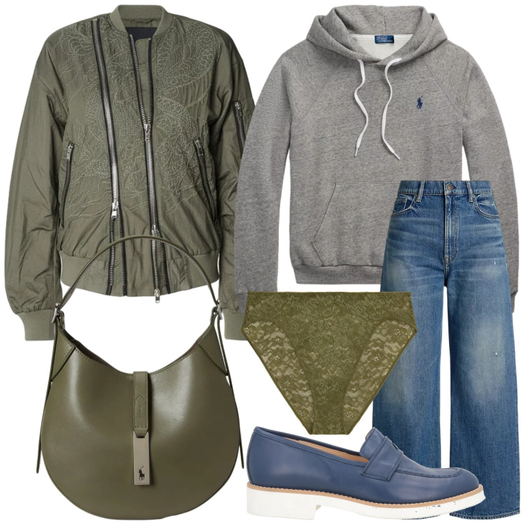 Outfit donna - Jeans con verde oliva. Stile Minimal per Tutti i giorni. Abbinamento con mocassini, bomber, jeans, felpe con cappuccio, borse a spalla, culotte.