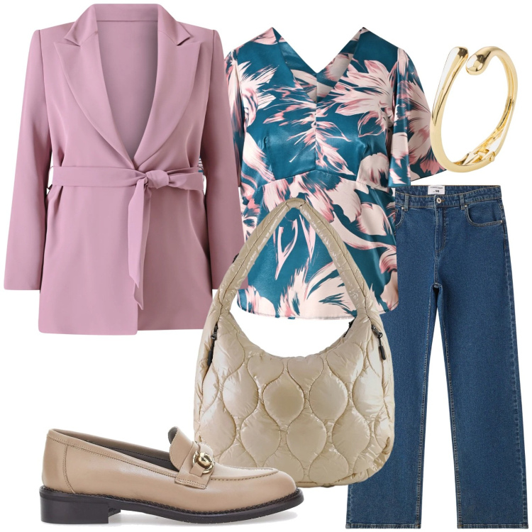 Outfit donna - Casual chic. Stile Chic per Ufficio. Abbinamento con braccialetti, jeans dritti, top, blazer, borse tote, mocassini.
