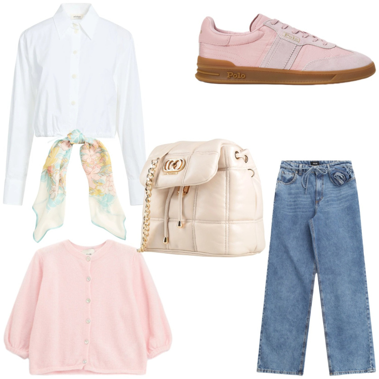 Outfit donna - Rosa baby in ufficio. Stile Romantica per Ufficio. Abbinamento con camicie, valigie, cardigans, jeans, foulard, sneakers.