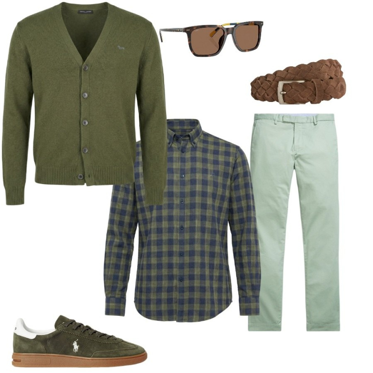 Outfit uomo - Total look #2351815. Stile Trendy per Tutti i giorni. Abbinamento con cinture, camicie, cardigans, occhiali da sole, pantaloni, sneakers.