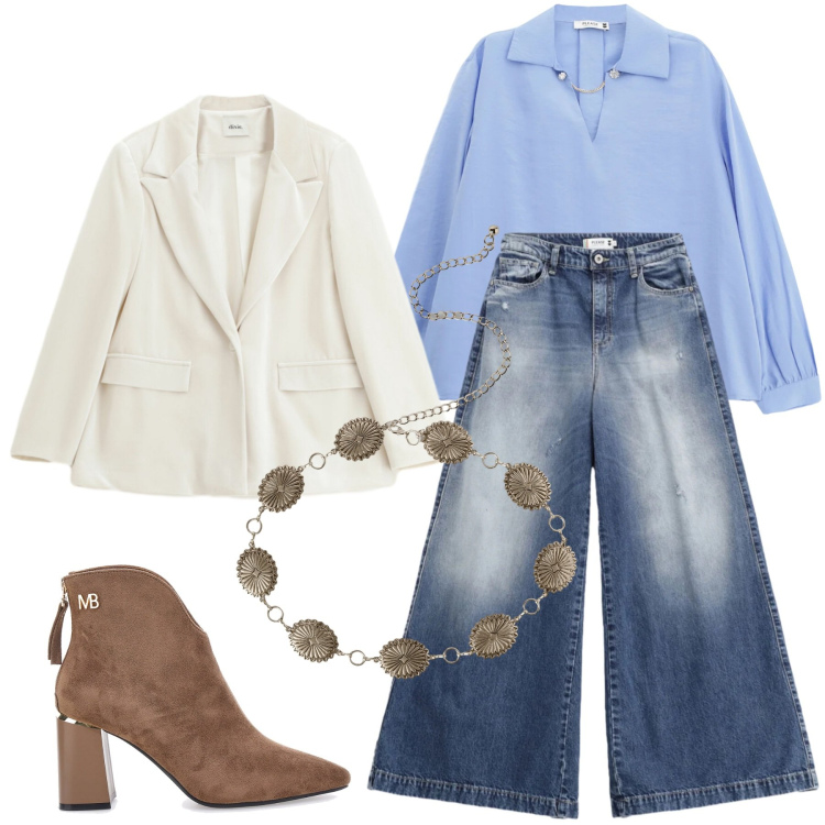 Outfit donna - Marzo. Stile Casual chic per Ufficio. Abbinamento con cinture, blazer, jeans, camicie, stivaletti.