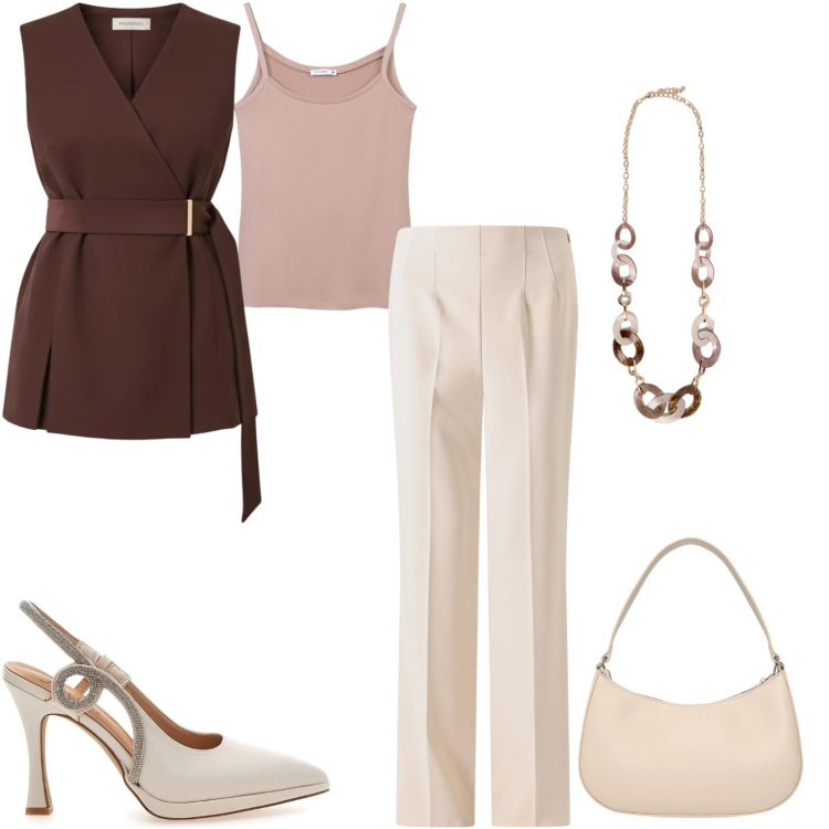 Outfit donna - Elegance. Stile Casual chic per Serata fuori. Abbinamento con canottiere, borse a tracolla, collane, pantaloni a palazzo, gilet, décolleté.