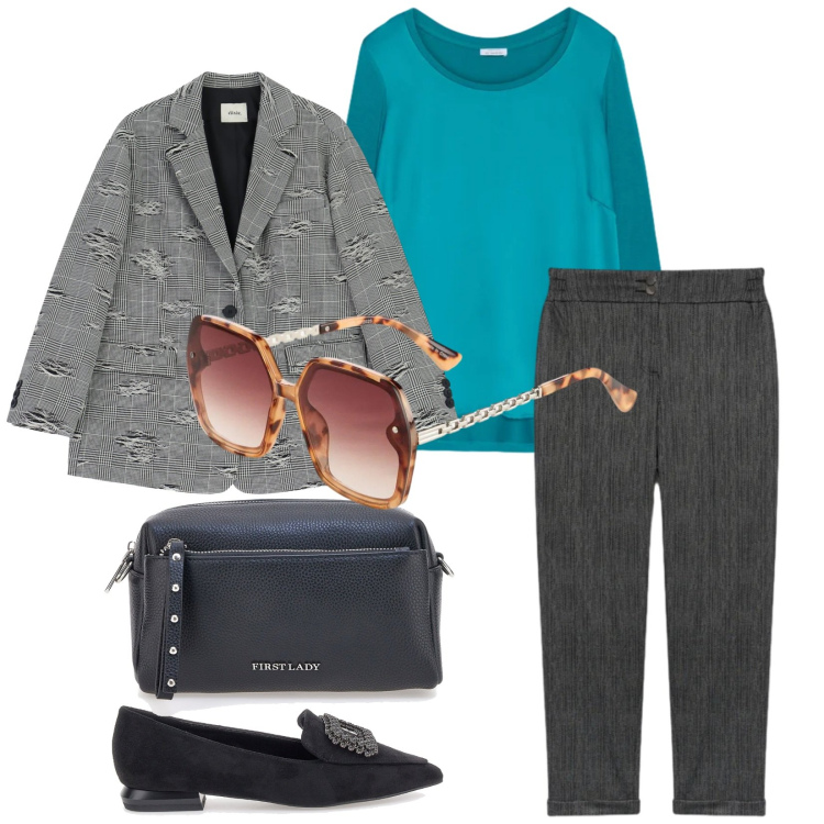 Outfit donna - Total look #2351818. Stile Casual chic per Ufficio. Abbinamento con occhiali da sole, bluse, pantaloni, blazer, mocassini, borse a tracolla.