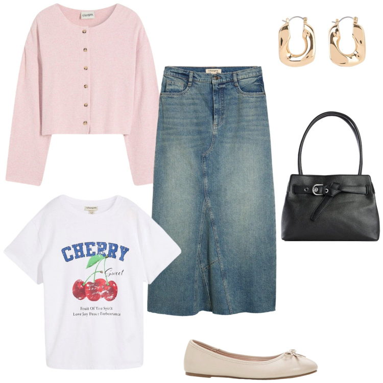 Outfit donna - Bonprix look primaverili. Stile Bon Ton per Tutti i giorni. Abbinamento con ballerine, t-shirt, gonne, cardigans, borse a mano, orecchini.