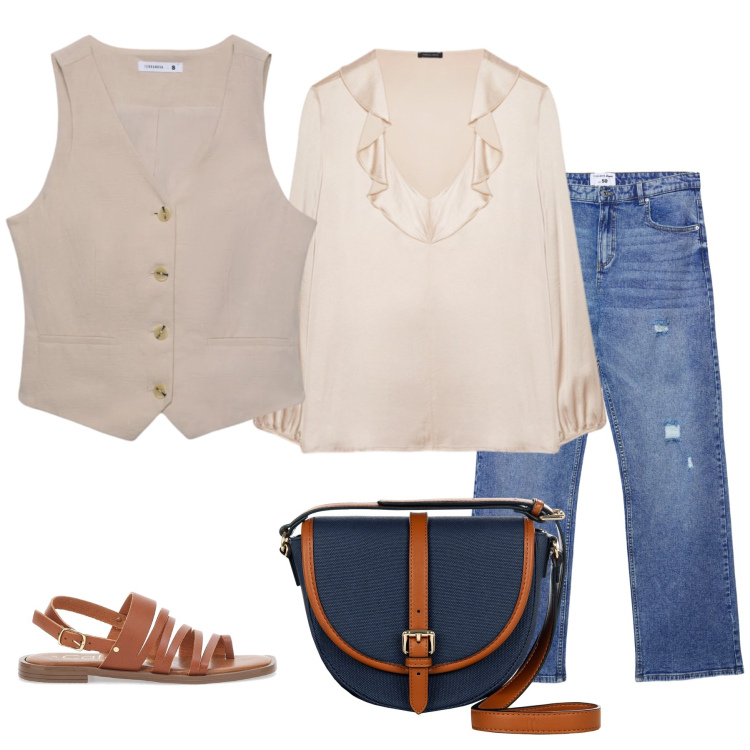 Outfit donna - Eleganza Fluida e Denim. Stile Romantica per Tutti i giorni. Abbinamento con gilet, jeans strappati, bluse, borse a tracolla, sandali.