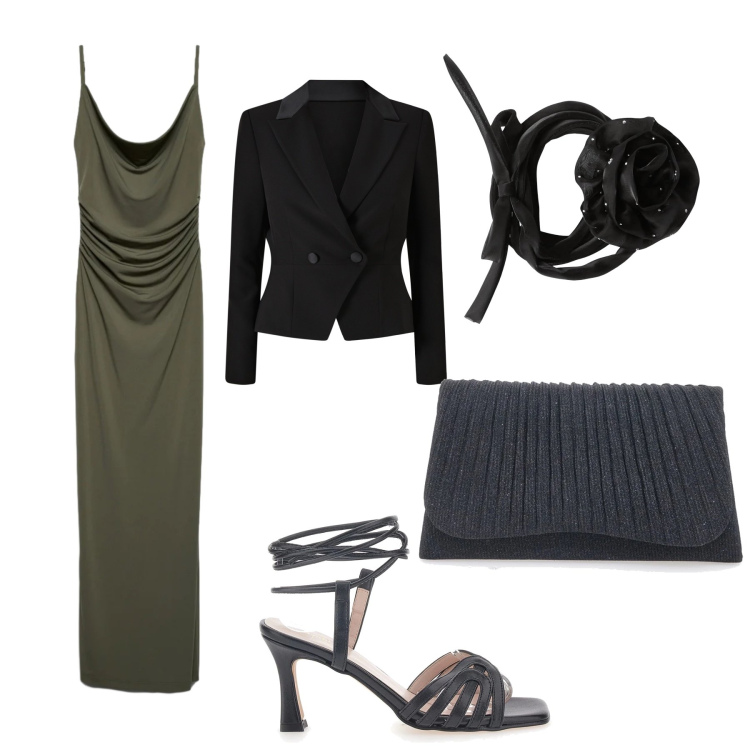 Outfit donna - Sotto le luci: Il fascino del drappeggio. Stile Chic per Cerimonia. Abbinamento con collane, vestiti lunghi, blazer, clutch, sandali col tacco.