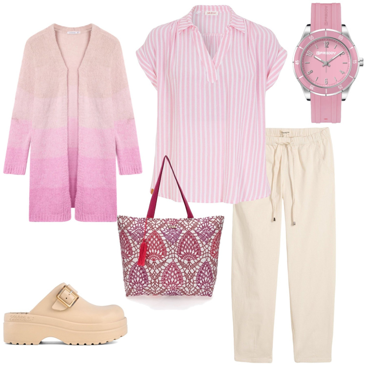 Outfit donna - Pink Sorbet. Stile Casual chic per Tutti i giorni. Abbinamento con bluse, jeans, cardigans, orologi, sandali, shopping bag.