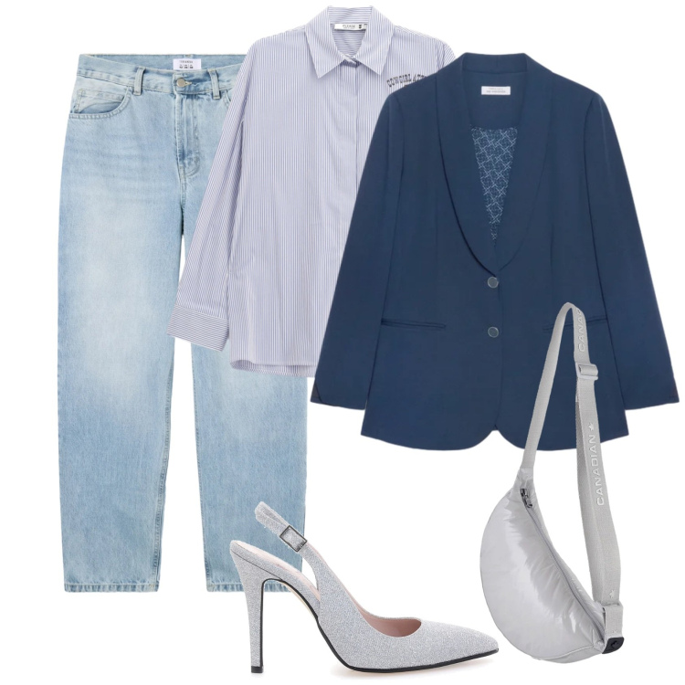 Outfit donna - Blue is the new season. Stile Casual chic per Tutti i giorni. Abbinamento con jeans dritti, blazer, camicie, borse a tracolla, décolleté.