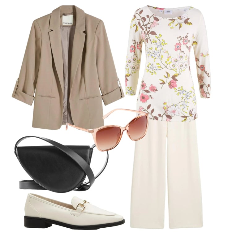 Outfit donna - Nuove energie. Stile Trendy per Ufficio. Abbinamento con maglieria, pantaloni, blazer, mocassini, borse a tracolla, occhiali da sole.