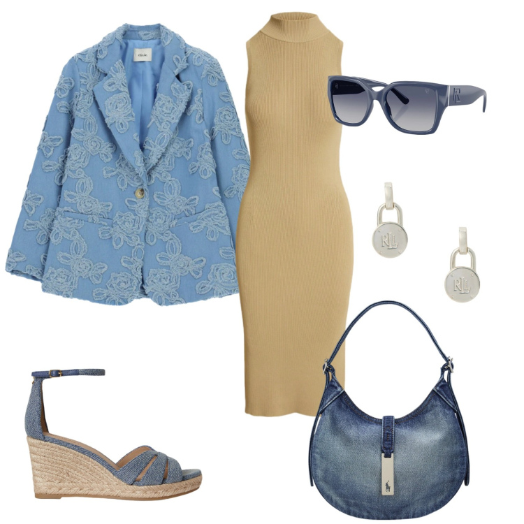 Outfit donna - Total look #2351828. Stile Casual chic per Serata fuori. Abbinamento con blazer, vestiti senza maniche, orecchini, borse a spalla, occhiali da sole, zeppe.