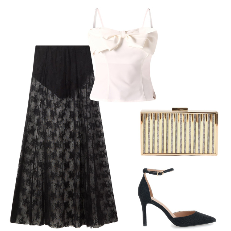 Outfit donna - Chic Night: Contrasti di Pizzo. Stile Romantica per Serata fuori. Abbinamento con gonne lunghe, clutch, canottiere, décolleté.