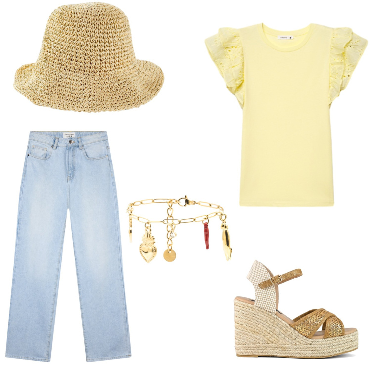 Outfit donna - Sinfonia di Primavera: Denim & Lemon. Stile Casual per Tutti i giorni. Abbinamento con cappelli, t-shirt, jeans dritti, braccialetti, zeppe.