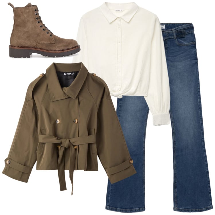 Outfit donna - Marzo in Città: Praticità Chic. Stile Urban per Tutti i giorni. Abbinamento con jeans a zampa, camicie, caban, anfibi.