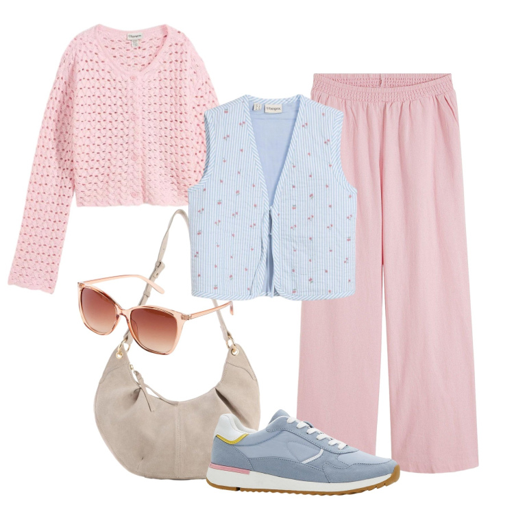 Outfit donna - Fiorellini e pastello Bonprix. Stile Sporty chic per Tutti i giorni. Abbinamento con pantaloni a palazzo, gilet, borse a tracolla, cardigans, sneakers, occhiali da sole.