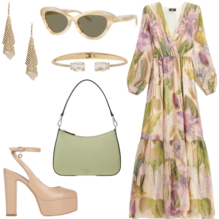 Outfit donna - Primavera leggera. Stile Glamour per Tutti i giorni. Abbinamento con décolleté, vestiti lunghi, borse a spalla, occhiali da sole, braccialetti, orecchini.