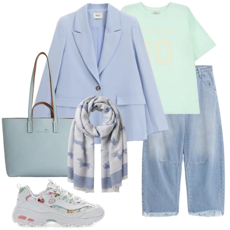 Outfit donna - Il jeans che fa primavera. Stile Casual chic per Tutti i giorni. Abbinamento con shopping bag, sciarpe, blazer, t-shirt, jeans, sneakers.