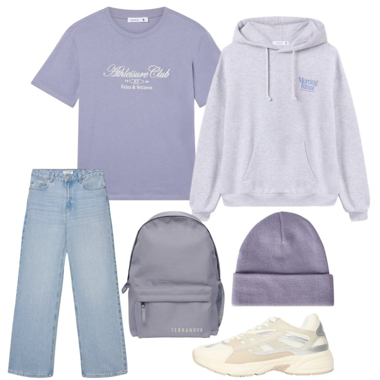 Outfit donna - La primavera è nell\'aria. Stile Casual per Tutti i giorni. Abbinamento con berretti, jeans, zaini, felpe con cappuccio, sneakers, t-shirt.