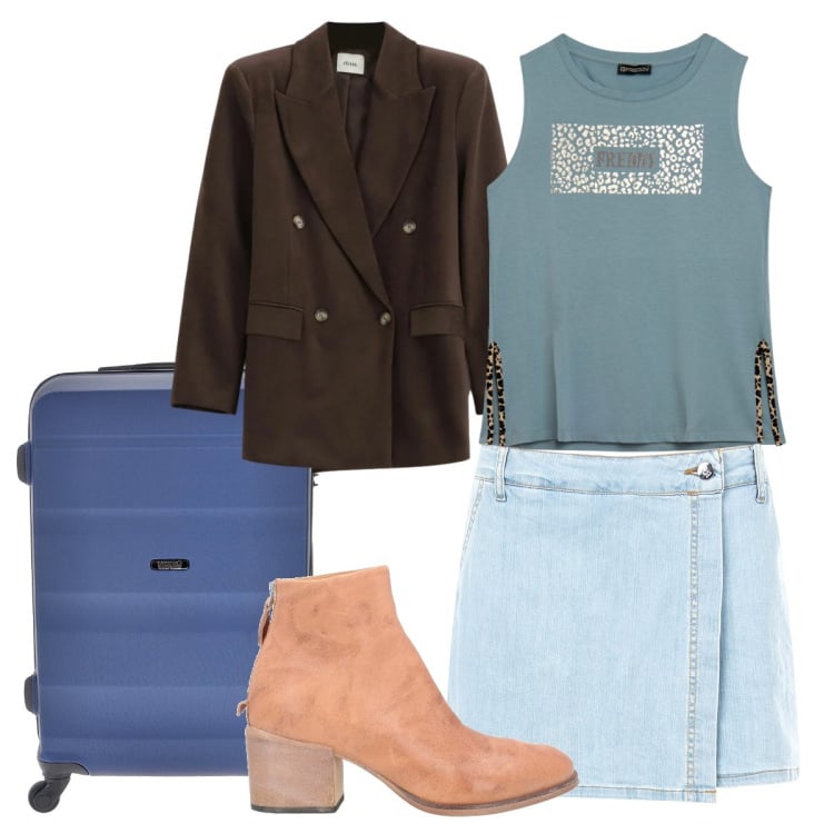 Outfit donna - Light blue denim per il treno. Stile Etnico per Tutti i giorni. Abbinamento con stivaletti, minigonne, blazer, top, valigie.