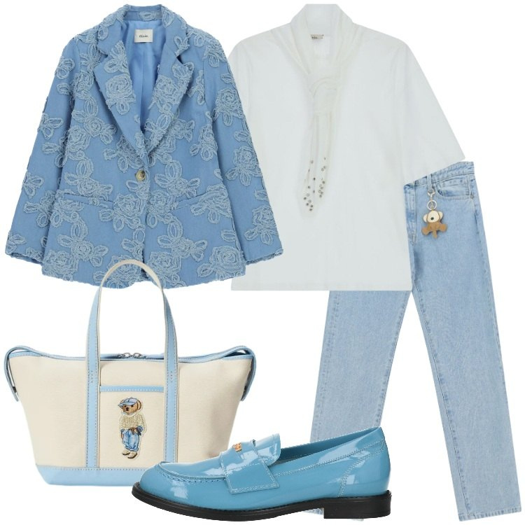 Outfit donna - Blue is the New Season. Stile Urban per Tutti i giorni. Abbinamento con mocassini, blazer, t-shirt, jeans dritti, borse tote.