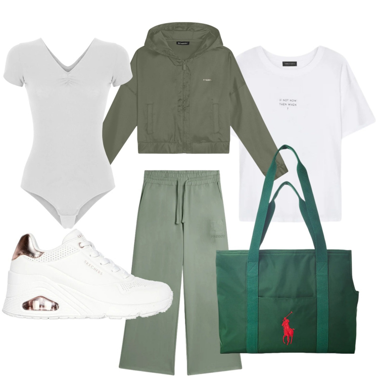Outfit donna - Fitness day. Stile Minimal per Tutti i giorni. Abbinamento con t-shirt, pantaloni, body, felpe con cappuccio, borse tote, sneakers alte.